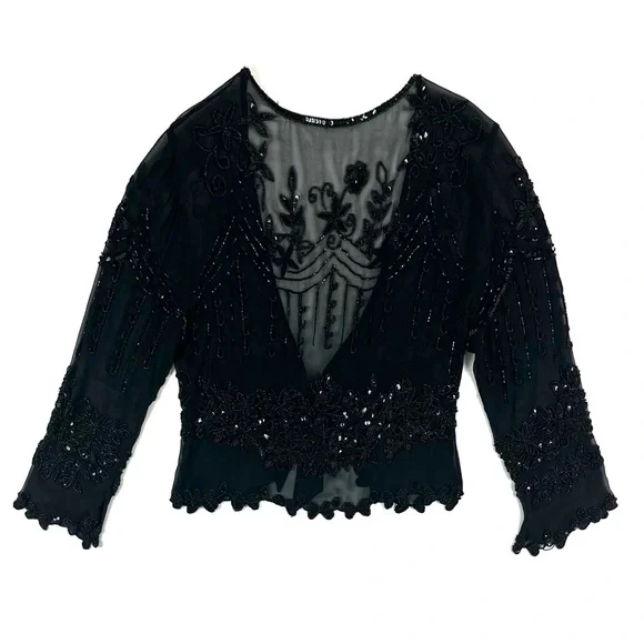 Adrianna Papell Boutique Black Silk Beaded Sheer Shrug